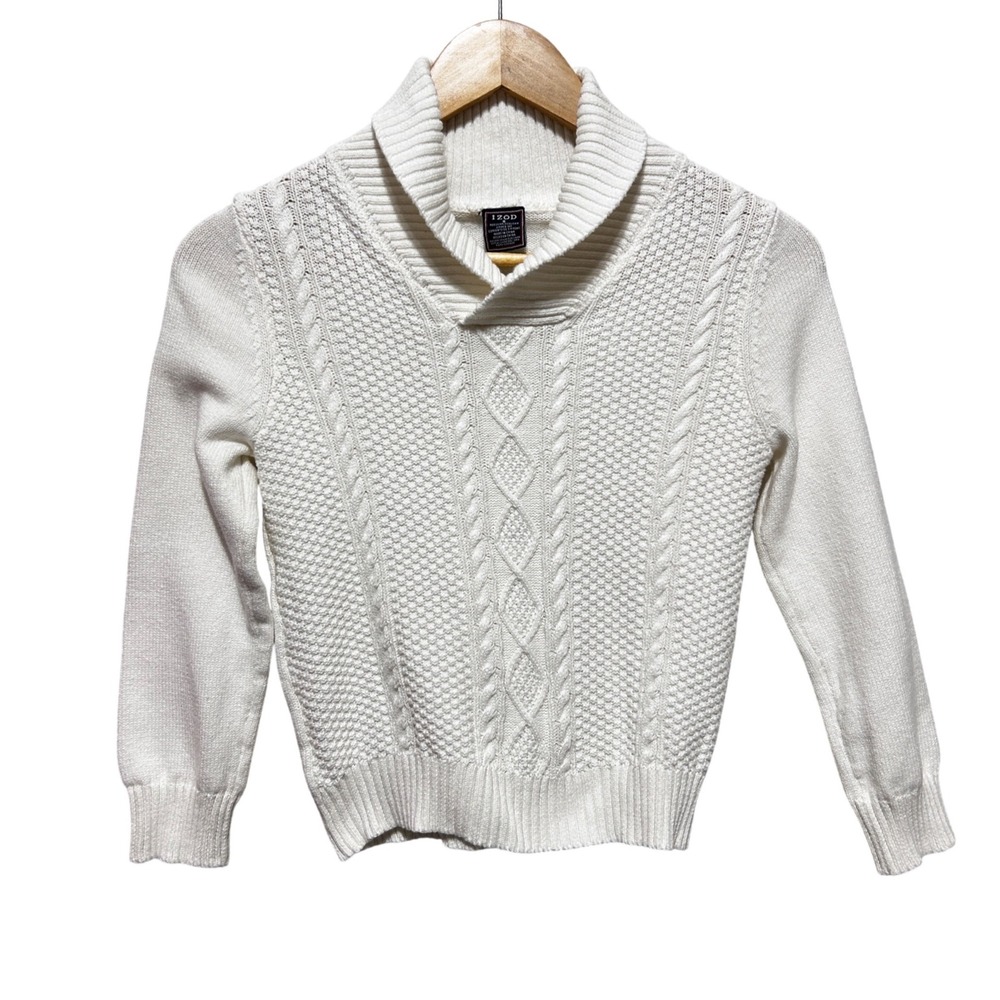 IZOD Girls Old Money Preppy Shawl Neck Sweater 8 White Cable Knit Classic Cozy